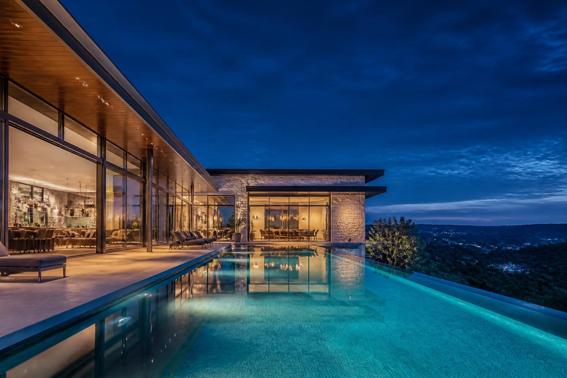 Luxury Central Texas pool at blue hour